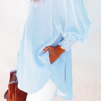 Mid-Length Shirt With Striped Lapel And Oversized Drawdown Sleeves (BUY 2 FREE SHIPPING)