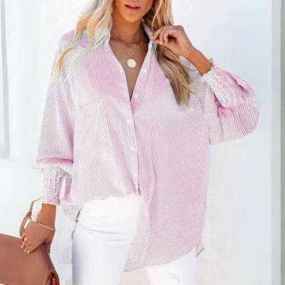 Mid-Length Shirt With Striped Lapel And Oversized Drawdown Sleeves (BUY 2 FREE SHIPPING)