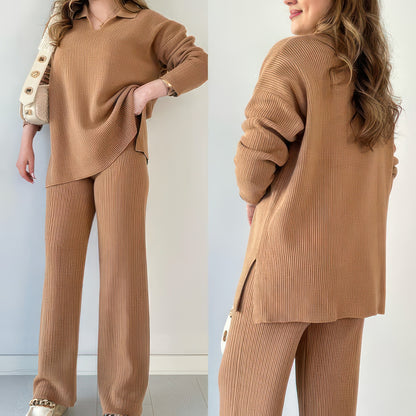 V-neck Casual Slit Knitted Two-Piece Set (BUY 2 FREE SHIPPING)