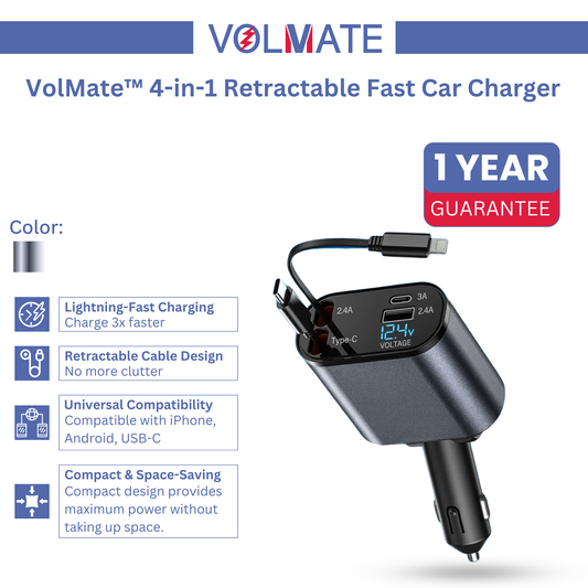 VolMate™ 4-in-1 Retractable Fast Car Charger