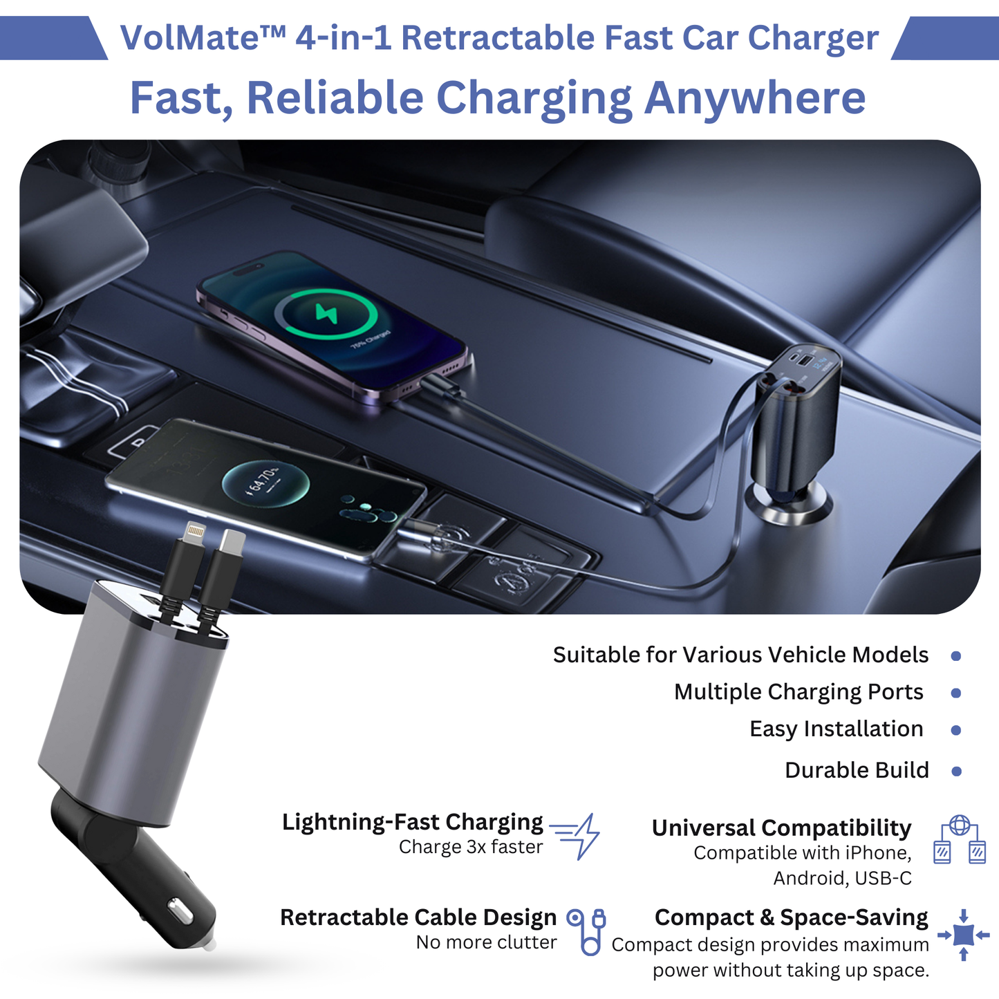 VolMate™ 4-in-1 Retractable Fast Car Charger