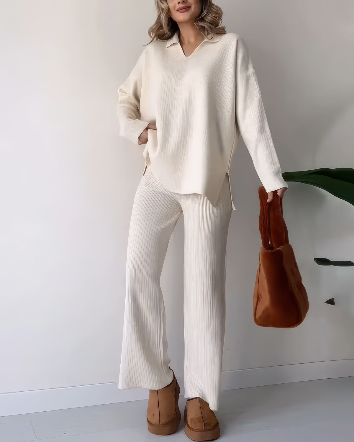 V-neck Casual Slit Knitted Two-Piece Set (BUY 2 FREE SHIPPING)