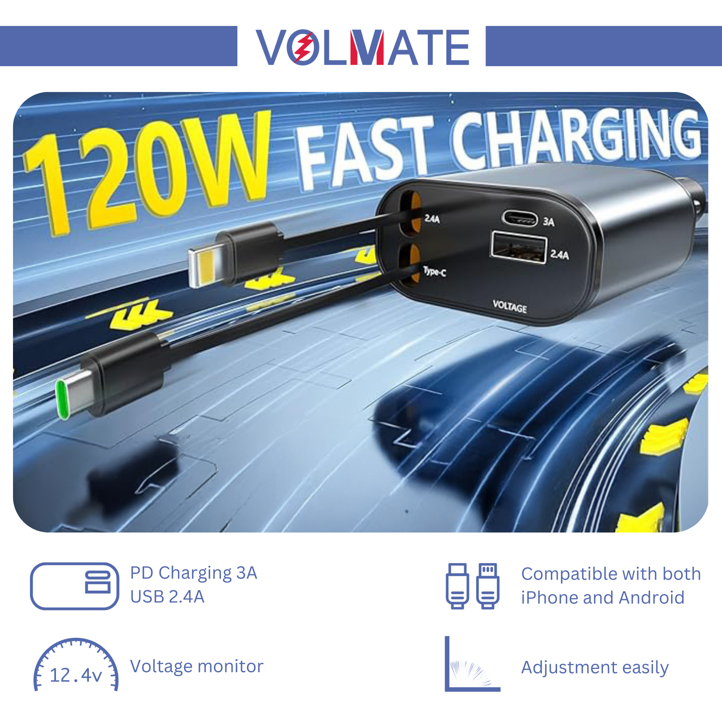 VolMate™ 4-in-1 Retractable Fast Car Charger