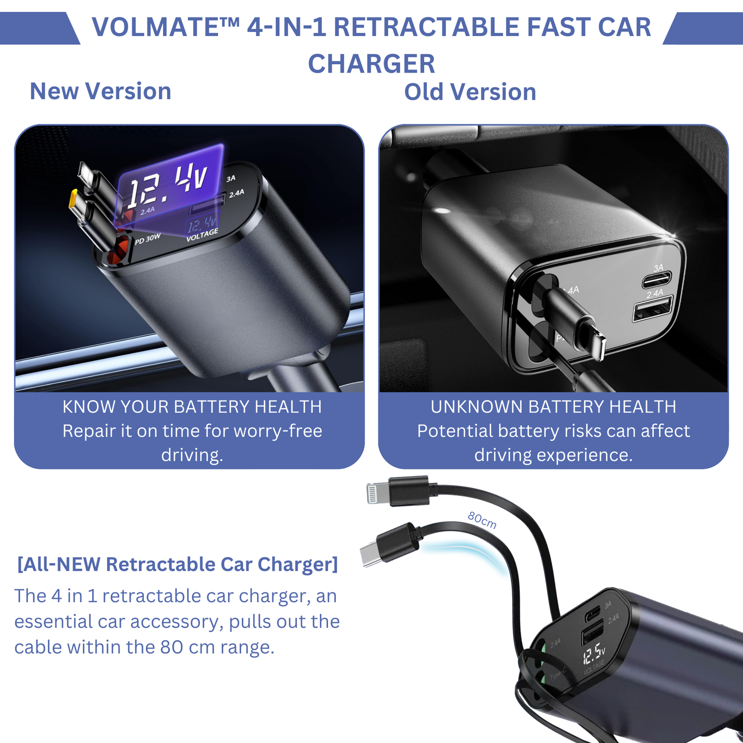 VolMate™ 4-in-1 Retractable Fast Car Charger